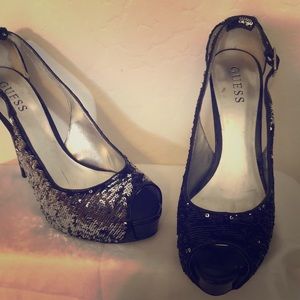 Guess Peep Toe Platform Sequin Heels
